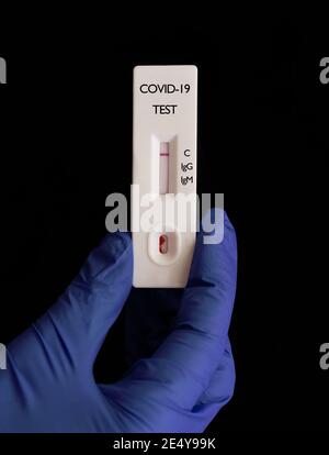 Negativer schneller serologischer Test (IgG/IgM-Antikörper) Für COVID-19 (SARS-CoV-2), gehalten von einem Arzt mit blauen Handschuhen Stockfoto