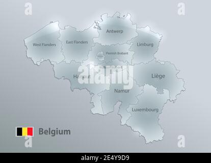 Belgien Karte und Flagge, administrative Teilung, trennt Regionen und Namen einzelne Region, Design Glas Karte 3D-Vektor Stock Vektor