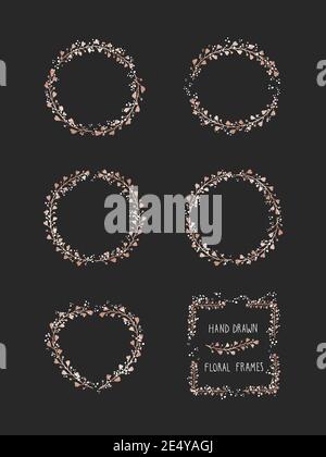 Vektor-Set von floralen handgezeichneten Rahmen auf schwarzem Hintergrund. Dekorative Kränze Kollektion. Goldene und weiße Elemente. Stock Vektor