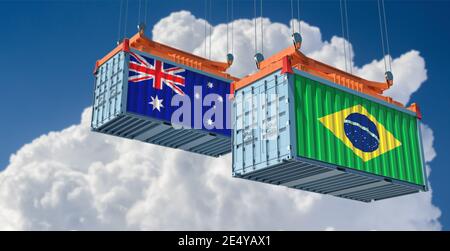 Frachtcontainer mit Brasilien und Australien Flagge. 3D-Rendering Stockfoto