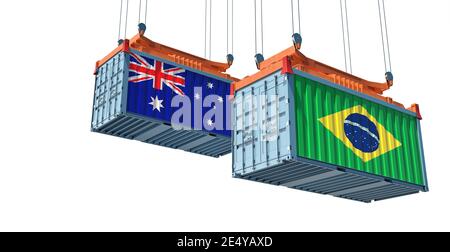 Frachtcontainer mit Brasilien und Australien Flagge. 3D-Rendering Stockfoto