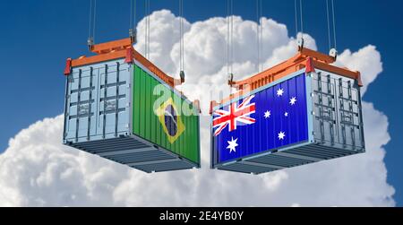 Frachtcontainer mit Brasilien und Australien Flagge. 3D-Rendering Stockfoto
