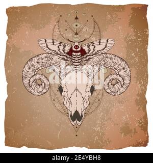 Vektor-Illustration mit handgezeichneten RAM Schädel, Totkopf Motte und Heilige geometrische Symbol auf Vintage-Papier Hintergrund mit abgerissenen Kanten. Abstrakter Mystiker Stock Vektor
