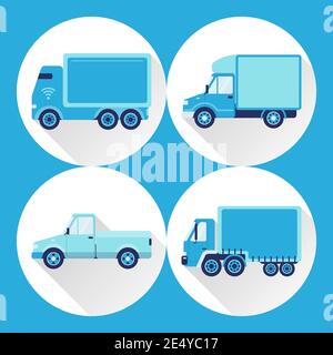 Set von LKW-Icons in flachem Stil mit langen Schatten. Sammlung von Ladungsfahrzeug-Symbole auf Runde Schicht. Stock Vektor