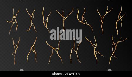 Golden kintsugi Risse setzen isoliert auf schwarz. Abstrakte handgezeichnete dekorative Elemente Kollektion. Stock Vektor