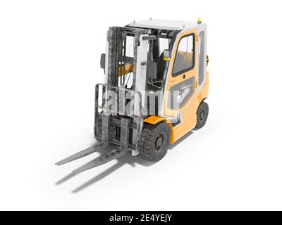 3d Rendering orange Gabelstapler mit Kabine auf weißem Hintergrund mit Schatten Stockfoto