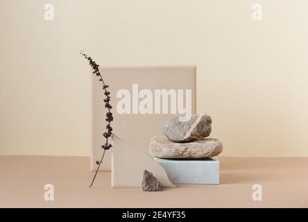 Minimalistische monochrome Stillleben Komposition mit natürlichen Naturmaterialien: Stein, Marmor, erdiger Ton und Pflanzen Trockenzweig in beige Farbe, Kopierraum Stockfoto