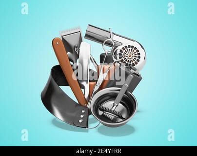 3d-Rendering-Set von Barbershop auf blauem Hintergrund mit Schatten Stockfoto
