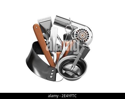 3d-Rendering-Set von Barbershop auf weißem Hintergrund kein Schatten Stockfoto