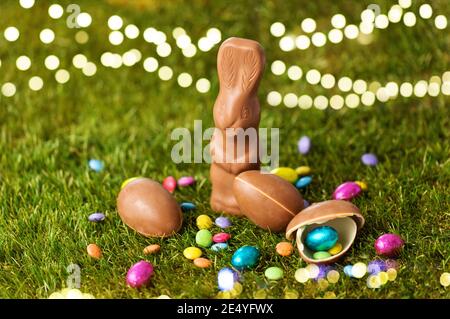 Schokoladenhasen, Eier und Bonbons auf Gras Stockfoto