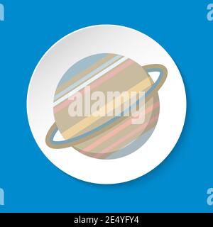Planet Saturn Icon in flacher Form auf runder Taste. Solarsystem Raumelement mit Ringen isoliert auf weißem Hintergrund Stock Vektor