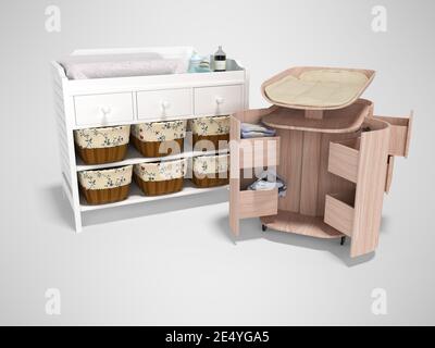 3D Rendering weißen Wechseltisch Schrank und Holz Wickeltisch Transformator mit shuhladah isoliert auf grauem Hintergrund mit Schatten Stockfoto