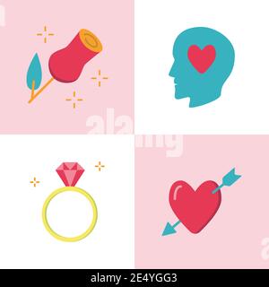 Valentinstag romantische Ikone in flachem Stil gesetzt. Liebe Symbole einschließlich Mann in der Liebe, Diamantring, Rose und Herz mit Pfeil. Vektorgrafik. Stock Vektor