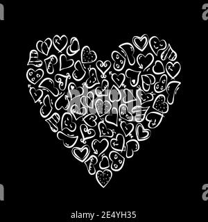 Vektor weiße Herzen Set valentinstag und Hochzeiten Ikonen. doodle in Form Herz auf schwarz Stockfoto
