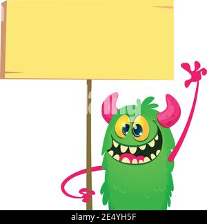 Lustige Cartoon Monster mit leeren Holz oder Papier-Board für Text. Vektor Halloween Illustration. Stock Vektor