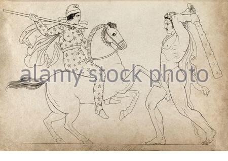 Altes Griechenland, Herkules, Gott der Kraft und Helden, Kampf Hippolita, Königin der Amazonen, Vintage-Illustration von 1814 Stockfoto