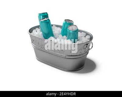 Eiskältgetränk in Eisen kann 3d-Rendering auf grau Hintergrund mit Schatten Stockfoto