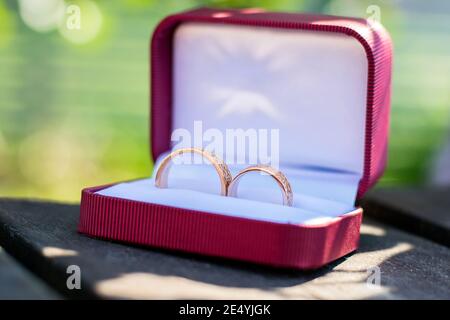 Zwei Eheringe in einer roten Samtbox während einer Hochzeit Stockfoto