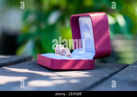 Zwei Eheringe in einer roten Samtbox während einer Hochzeit Stockfoto