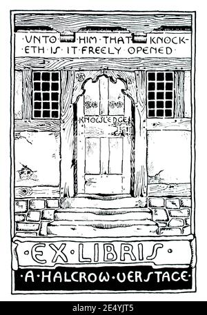 Tür des Wissens Exlibris für EINE HalCrow Verstage, frühe Linienillustration von Architekt Arthur HalCrow Verstage , von Godalming, surrey, in 1897 die Stockfoto