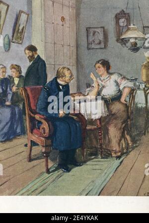 Die Geschichten von A.P. Tschechow in Illustrationen sowjetischer Künstler. Alte Vintage Postkarte der UdSSR, 1954. Stockfoto