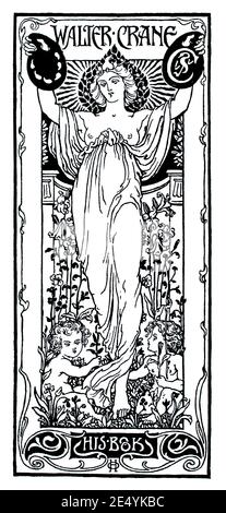 Klassisch drapierte weibliche Künstlerfigur-Exlibris für Walter Crane des russisch-geborenen Künstlers Henry Ospovat, 1897 The Studio an Illustrated Magazine of Stockfoto