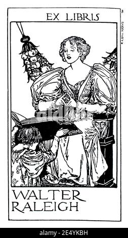 Frau Lesebuch unterstützt von Junge Walter Raleigh Exlibris von Robert Anning Bell, 1897 das Studio ein Illustriertes Magazin für bildende und angewandte Kunst Stockfoto