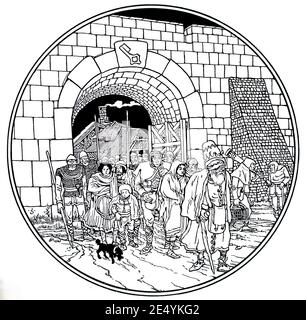 Mittelalterliche Figuren, die durch das befestigte Tor gehen, kreisförmige Illustration von Joseph Sattler, 1897 das Atelier ein Illustriertes Magazin der Schönen und Appli Stockfoto