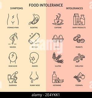 Symbol für Nahrungsmittelunverträglichkeit im Linienstil. Allergiesymptome und Produkte Symbole Sammlung. Vektorgrafik. Stock Vektor