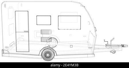 Wohnmobil-Anhänger. Drahtrahmen. Die Ebenen sichtbarer und unsichtbarer Linien werden getrennt. EPS10-Format Stock Vektor