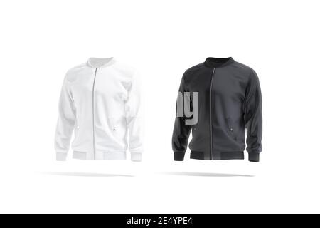 Blank schwarz und weiß Bomberjacke Mockup, Seitenansicht, 3d-Rendering. Leeres winddichtes Herren Sweatshirt für den Frühling, isoliert. Klare Stoff oder Sat Stockfoto