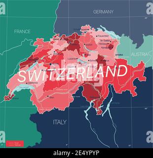 Schweiz Land detaillierte editierbare Karte mit Regionen Städte und Gemeinden, Straßen und Eisenbahnen, geografische Standorte. Vector EPS-10-Datei Stock Vektor