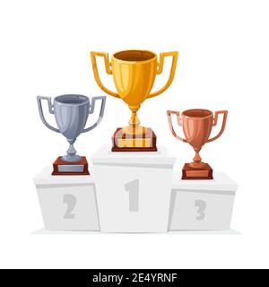 Pokalbecher aus Gold, Silber und Bronze. Siegerkelch auf dem Podium. Cartoon-Stil Trophäe Tassen auf weißem Sockel isoliert.. 1., 2., 3. Platz. Vergabe von Auszeichnungen Stock Vektor