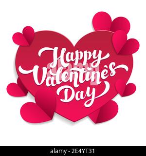 Valentinstag Papier geschnitten Karte. februar. Happy Valentines Day Schriftzug mit pink geschnittenen Papierherzen auf weißem Hintergrund. Stock Vektor