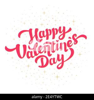 Happy Valentinstag Grußkarte Design. Leuchtend rosa Inschrift mit goldener Folie funkelt auf weißem Hintergrund. Stock Vektor