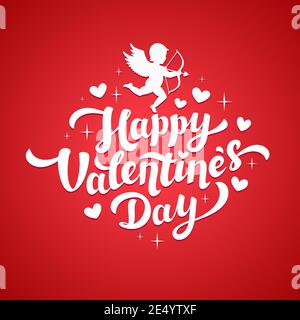 Valentinskarte mit Amor-Silhouette und Herzen. Happy Valentines Day Schriftzug. Grußkarte vom 14. februar. Weiße Inschrift mit Herzen Stock Vektor