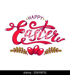 Vintage typografisches Osterposter oder Banner mit rosa bemalten Eiern und Zweig. Retro-Style Stock Vektor