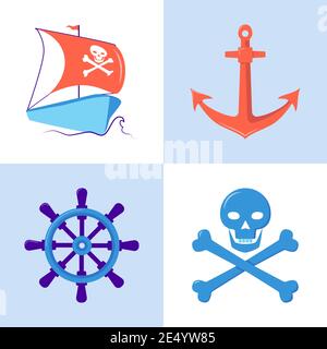 Marine Sammlung von Piraten und nautischen Ikonen in flachem Stil. Sea Symbole Set einschließlich Piratenschiff. Sea Adventure Konzept Elemente. Stock Vektor