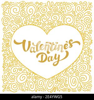 Happy Valentines Day Goldfolie Inschrift und Locken Muster. 14. februar Grußkarte auf weißem Hintergrund. Stock Vektor
