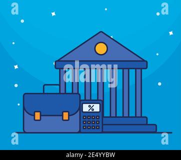 bankgebäude mit Portfolio und Rechner flach Stil Icon Vektor Illustrationsdesign Stock Vektor