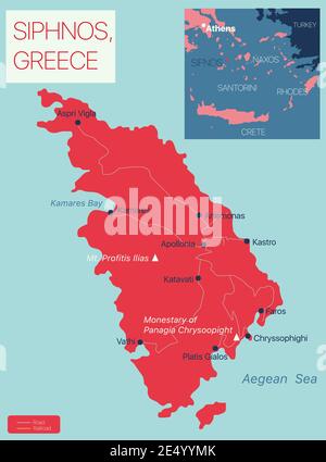 Siphnos Insel detaillierte editierbare Karte mit Regionen Städte und Städte, Straßen und Eisenbahnen, geografische Standorte. Vector EPS-10-Datei Stock Vektor