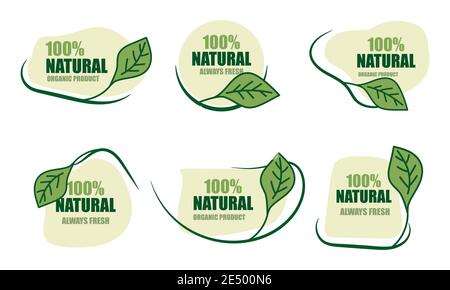 Kollektion von 100% natürlichen grünen Symbol auf weiß isoliert. Natürliche frische Lebensmittel und Bio-Lebensmittel Symbole. Natur Grün Symbole setzen Vektor Illustration Label Stock Vektor