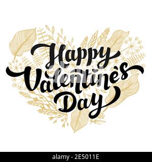 Valentinskarte. Schriftzug und Herz Form Gold Blumen Kranz. Stock Vektor