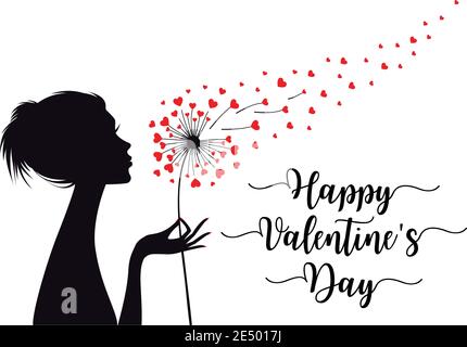 Frau hält Löwenzahn Blume mit fliegenden Herzen, Vektor-Illustration, Valentinstag Karte Stock Vektor
