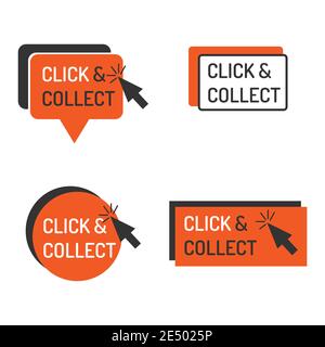 Detaillierte klicken und sammeln Zeichen isoliert weiß. Shop Geschäft Label Zeichen klicken und sammeln mit Maus-Symbol. Business Commerce Service Aufkleber Zeichen ve Stock Vektor