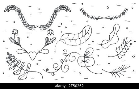 Handgezeichnete Hochzeit Ornament Kollektion in schwarz Linie Stil. Blume Hand gezeichnet Element Set und Doodle floral Rahmen Einladung. Elegante Hochzeit Wirbel Stock Vektor