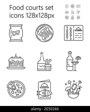 Vektor für Symbolsatz für Food Court. Pizza, Alkohol, Getränke werden angezeigt. Menü mit Grill, Fisch und Meeresfrüchten. Snacks, Salat, Torten werden im Outline-Stil präsentiert. Stock Vektor
