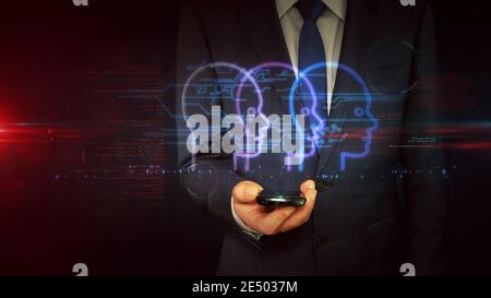 Social Scoring Konzept mit Face Symbol, Menschen Scoring, Rating-Technologie, Kreditsystem, Bürger Score und Datenschutz-Symbol. Futuristische abstrakte 3d-Rendierung Stockfoto