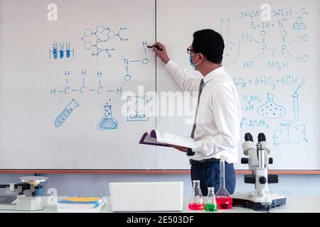 Naturlehrerin trägt Maske und unterrichtet im Klassenzimmer Stockfoto