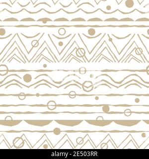 Beige horizontal Nahtloses Wiederholungsmuster von zufälligen rauhen, verdrehten Teil von Dreiecken oder gebrochenen Linien, Teile und ganze Kreise Formen Stock Vektor